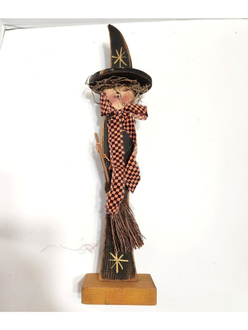 Rustic Wooden Witch by Old Homestead Broom Scarf Star Accents Halloween Decor RE